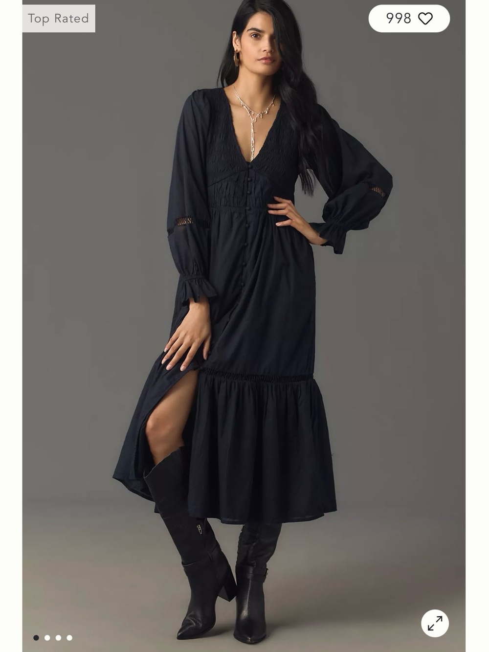 Anthropologie Navy Long Sleeve Smocked Tiered Dress